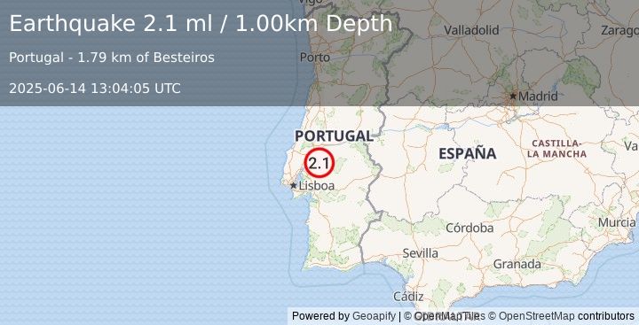 Earthquake PORTUGAL (2.1 ml) (2025-06-14 13:04:05 UTC)