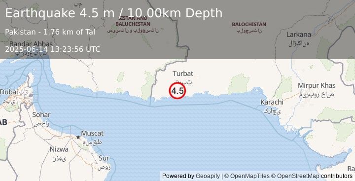 Earthquake OFF COAST OF PAKISTAN (4.6 mb) (2025-06-14 13:23:50 UTC)