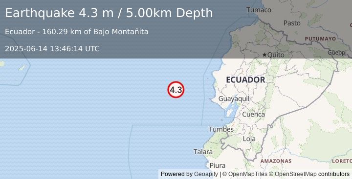 Earthquake OFF COAST OF ECUADOR (4.3 m) (2025-06-14 13:46:14 UTC)