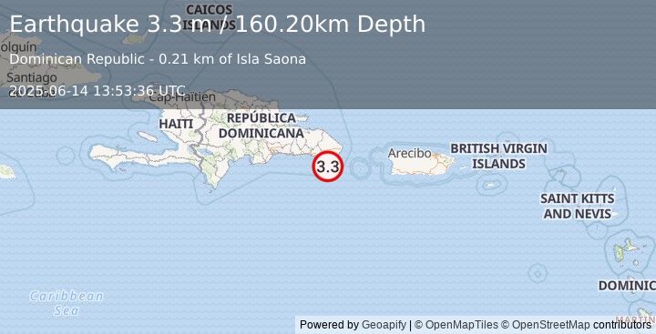 Earthquake ISLA SAONA, DOMINICAN REPUBLIC (3.3 m) (2025-06-14 13:53:36 UTC)