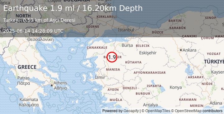 Earthquake WESTERN TURKEY (1.9 ml) (2025-06-14 14:28:09 UTC)