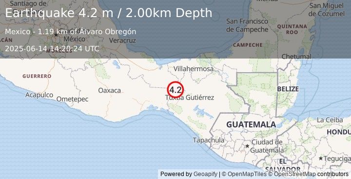 Earthquake CHIAPAS, MEXICO (4.2 m) (2025-06-14 14:20:24 UTC)