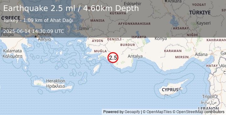Earthquake WESTERN TURKEY (2.4 ml) (2025-06-14 14:30:08 UTC)