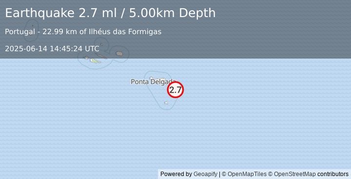 Earthquake AZORES ISLANDS REGION (2.7 ml) (2025-06-14 14:45:24 UTC)