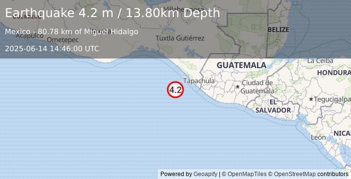 Earthquake OFFSHORE CHIAPAS, MEXICO (4.2 m) (2025-06-14 14:46:00 UTC)