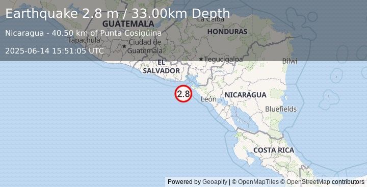 Earthquake NEAR COAST OF NICARAGUA (2.8 m) (2025-06-14 15:51:05 UTC)