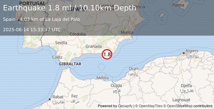 Earthquake STRAIT OF GIBRALTAR (1.8 ml) (2025-06-14 15:33:37 UTC)