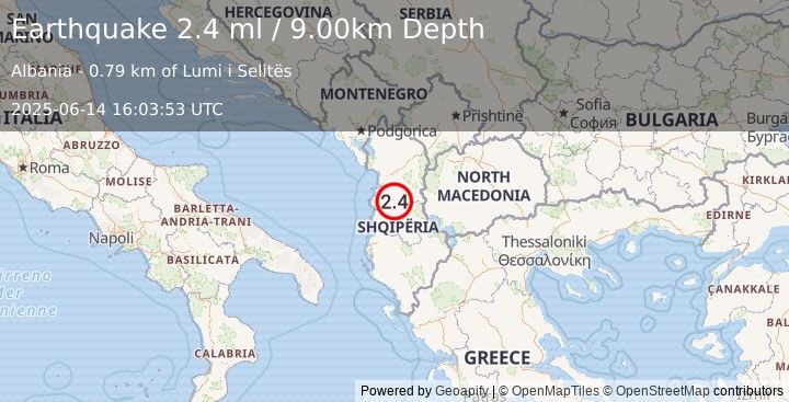 Earthquake ALBANIA (2.7 ml) (2025-06-14 16:03:52 UTC)