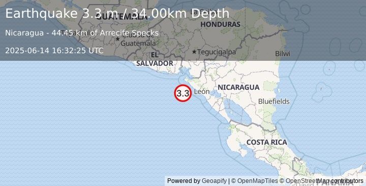 Earthquake NEAR COAST OF NICARAGUA (3.3 m) (2025-06-14 16:32:25 UTC)