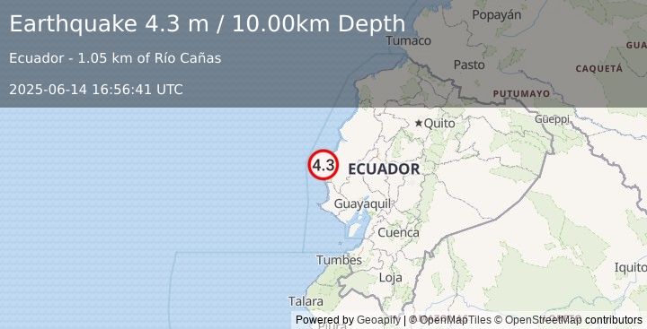 Earthquake NEAR COAST OF ECUADOR (4.3 m) (2025-06-14 16:56:41 UTC)