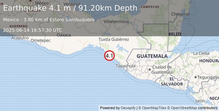 Earthquake OFFSHORE CHIAPAS, MEXICO (4.1 m) (2025-06-14 16:57:30 UTC)