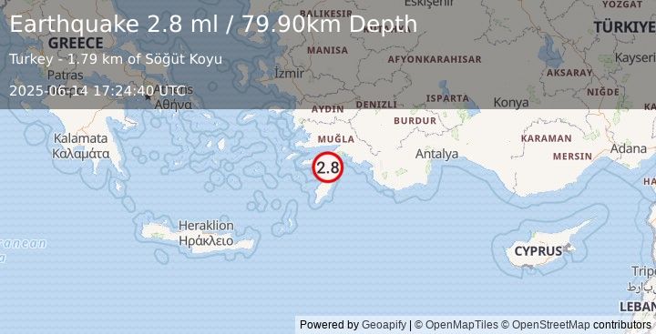Earthquake DODECANESE IS.-TURKEY BORDER REG (2.8 ml) (2025-06-14 17:24:40 UTC)