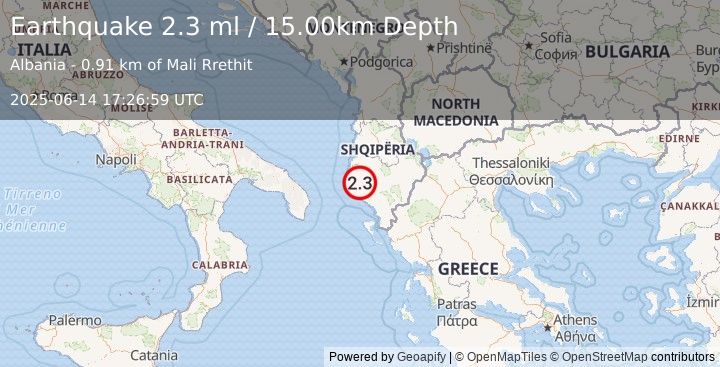 Earthquake ALBANIA (2.3 ml) (2025-06-14 17:26:59 UTC)