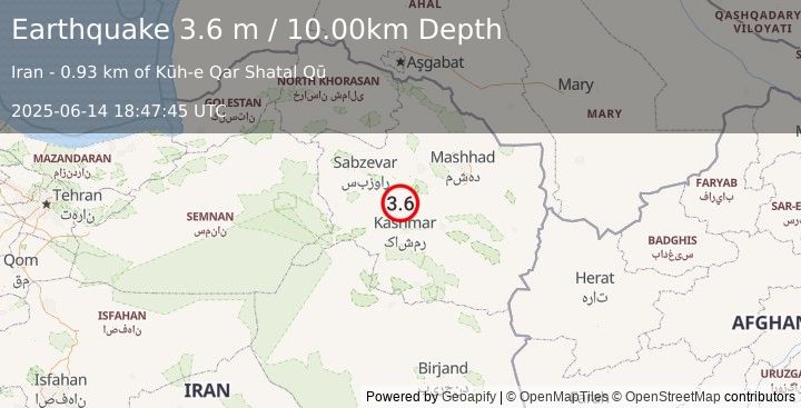 Earthquake NORTHEASTERN IRAN (3.6 m) (2025-06-14 18:47:45 UTC)