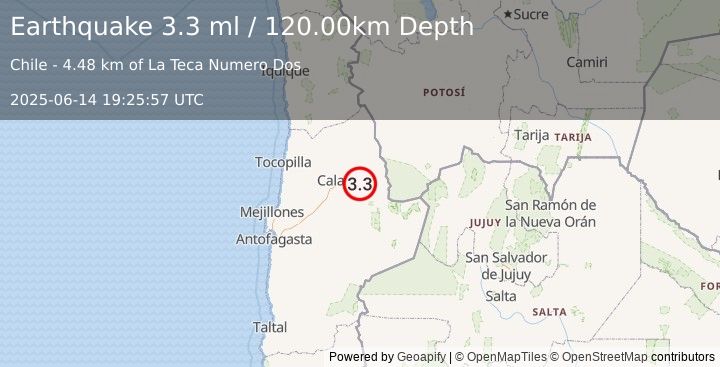 Earthquake ANTOFAGASTA, CHILE (3.3 ml) (2025-06-14 19:25:57 UTC)
