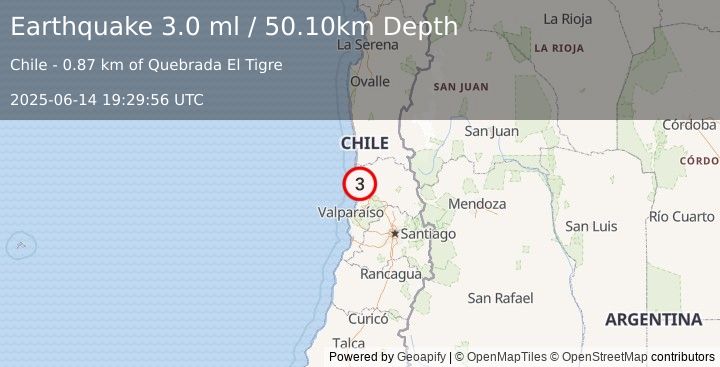 Earthquake VALPARAISO, CHILE (3.0 ml) (2025-06-14 19:29:56 UTC)