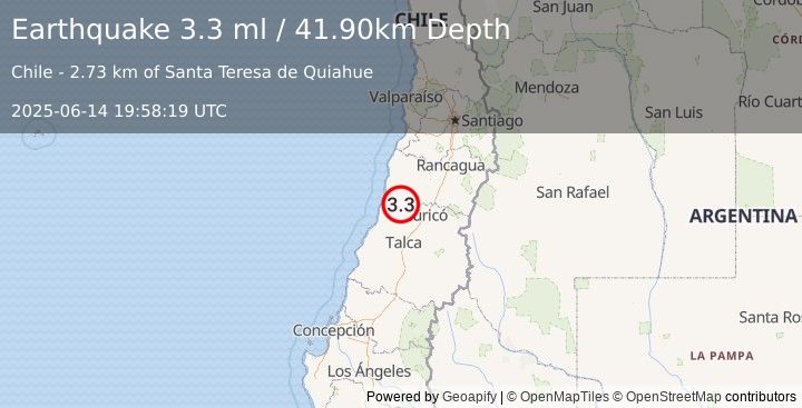 Earthquake LIBERTADOR O'HIGGINS, CHILE (3.3 ml) (2025-06-14 19:58:19 UTC)