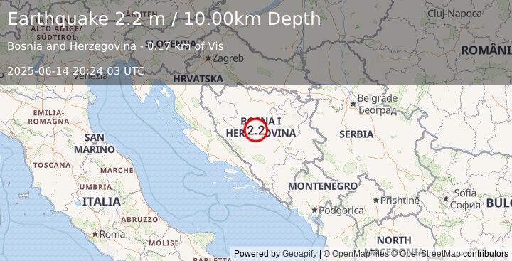 Earthquake BOSNIA AND HERZEGOVINA (2.2 m) (2025-06-14 20:24:03 UTC)
