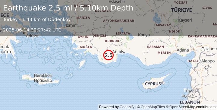 Earthquake WESTERN TURKEY (2.5 ml) (2025-06-14 20:27:42 UTC)