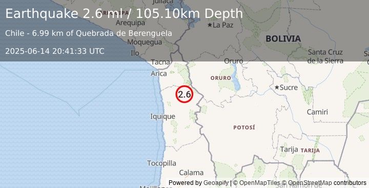 Earthquake TARAPACA, CHILE (2.6 ml) (2025-06-14 20:41:33 UTC)