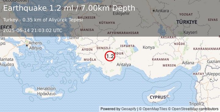 Earthquake WESTERN TURKEY (1.2 ml) (2025-06-14 21:03:02 UTC)