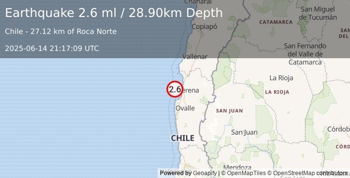 Earthquake OFFSHORE COQUIMBO, CHILE (2.6 ml) (2025-06-14 21:17:09 UTC)