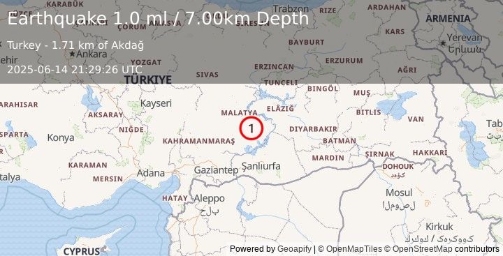 Earthquake EASTERN TURKEY (1.0 ml) (2025-06-14 21:29:26 UTC)