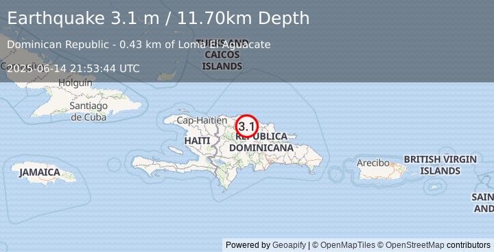 Earthquake DOMINICAN REPUBLIC (3.1 m) (2025-06-14 21:53:44 UTC)