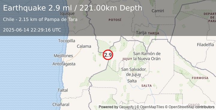 Earthquake ANTOFAGASTA, CHILE (2.9 ml) (2025-06-14 22:29:16 UTC)