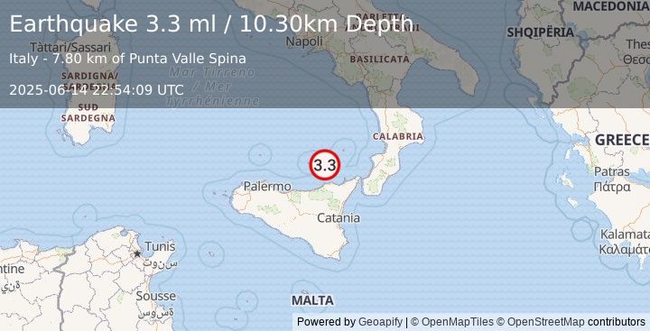 Earthquake SICILY, ITALY (3.3 ml) (2025-06-14 22:54:09 UTC)