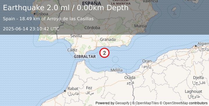 Earthquake STRAIT OF GIBRALTAR (2.0 ml) (2025-06-14 23:10:42 UTC)