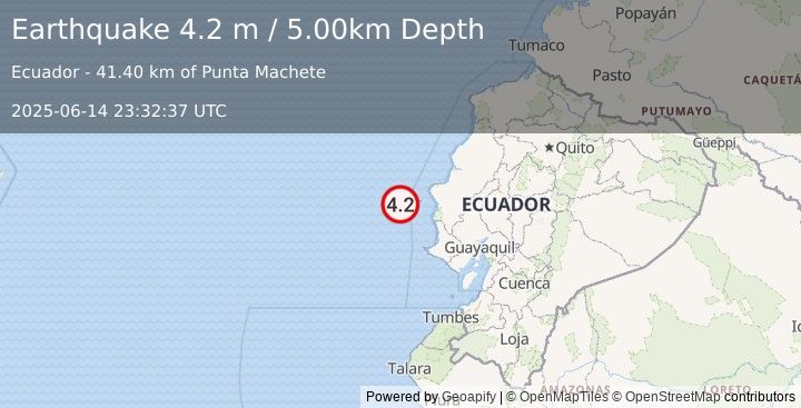 Earthquake OFF COAST OF ECUADOR (4.2 m) (2025-06-14 23:32:37 UTC)