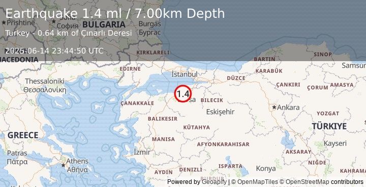 Earthquake WESTERN TURKEY (1.4 ml) (2025-06-14 23:44:50 UTC)