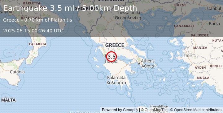 Earthquake GREECE (3.5 ml) (2025-06-15 00:26:40 UTC)