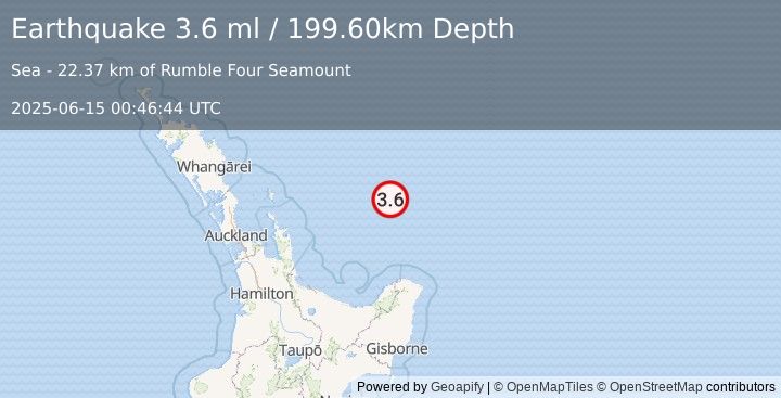 Earthquake OFF E. COAST OF N. ISLAND, N.Z. (3.6 ml) (2025-06-15 00:46:44 UTC)