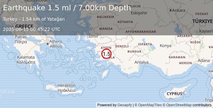 Earthquake WESTERN TURKEY (1.5 ml) (2025-06-15 00:45:22 UTC)