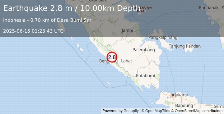 Earthquake SOUTHERN SUMATRA, INDONESIA (2.8 m) (2025-06-15 01:23:43 UTC)