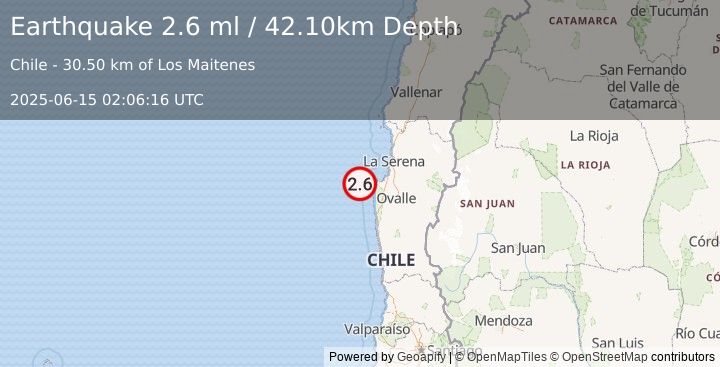Earthquake OFFSHORE COQUIMBO, CHILE (2.6 ml) (2025-06-15 02:06:16 UTC)