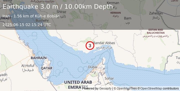 Earthquake SOUTHERN IRAN (3.0 m) (2025-06-15 02:15:24 UTC)