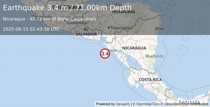 Earthquake NEAR COAST OF NICARAGUA (3.5 m) (2025-06-15 02:43:33 UTC)