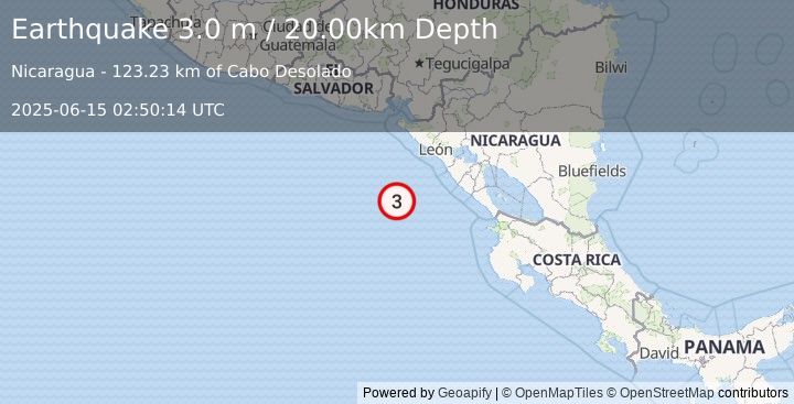 Earthquake NEAR COAST OF NICARAGUA (3.0 m) (2025-06-15 02:50:14 UTC)