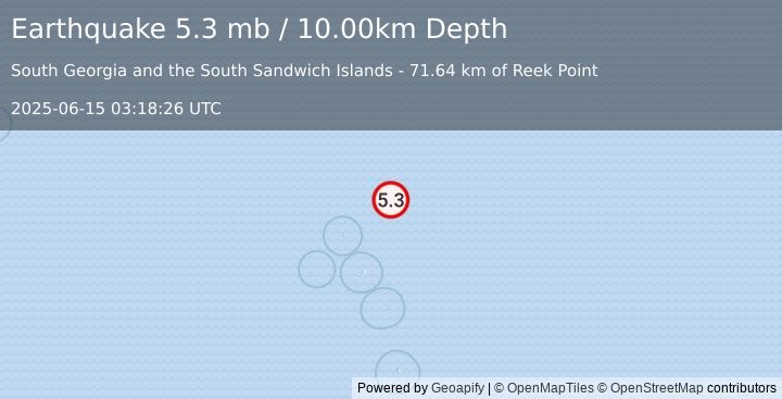 Earthquake SOUTH SANDWICH ISLANDS REGION (5.3 mb) (2025-06-15 03:18:26 UTC)