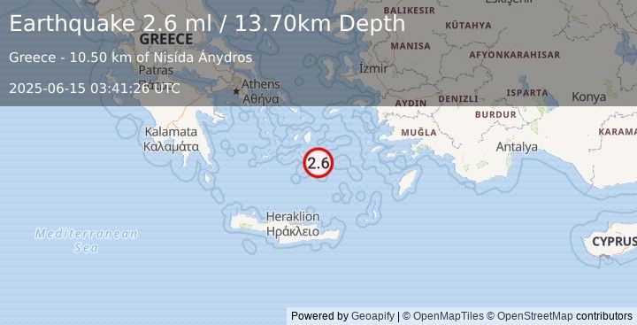 Earthquake DODECANESE ISLANDS, GREECE (2.6 ml) (2025-06-15 03:41:26 UTC)