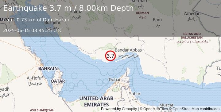 Earthquake SOUTHERN IRAN (3.7 m) (2025-06-15 03:45:25 UTC)