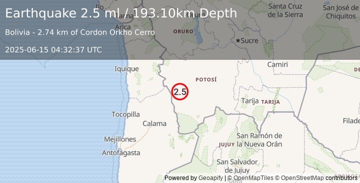 Earthquake POTOSI, BOLIVIA (2.5 ml) (2025-06-15 04:32:37 UTC)