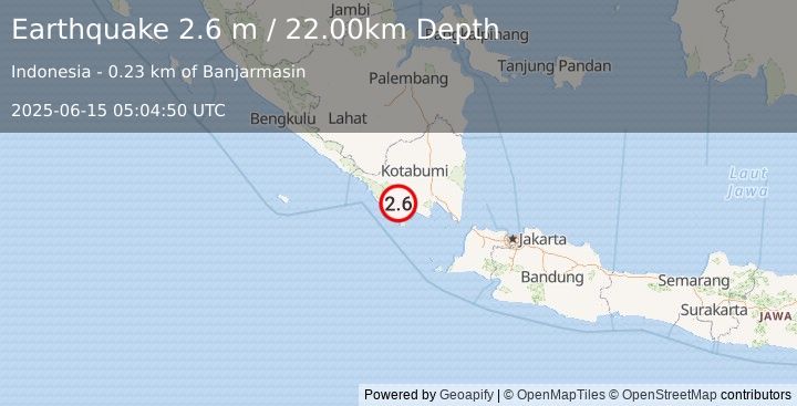 Earthquake SOUTHERN SUMATRA, INDONESIA (2.6 m) (2025-06-15 05:04:50 UTC)