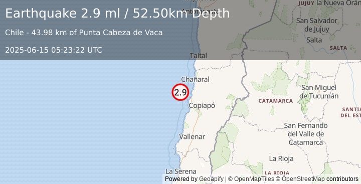 Earthquake OFFSHORE ATACAMA, CHILE (2.9 ml) (2025-06-15 05:23:22 UTC)