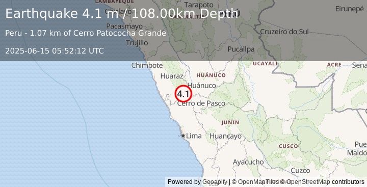 Earthquake NEAR COAST OF CENTRAL PERU (4.1 m) (2025-06-15 05:52:12 UTC)