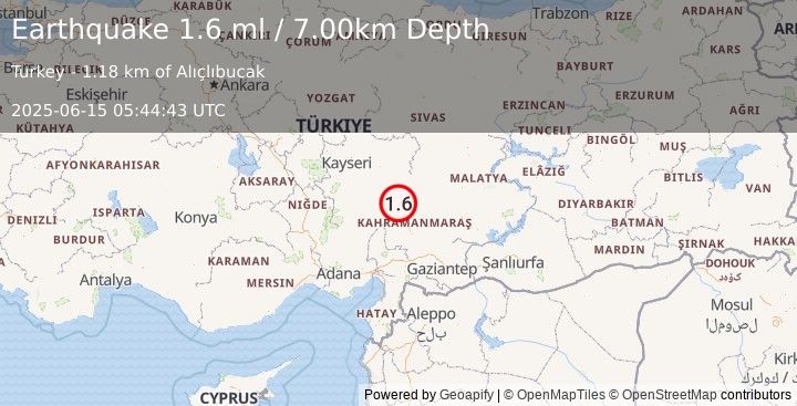 Earthquake CENTRAL TURKEY (1.6 ml) (2025-06-15 05:44:43 UTC)