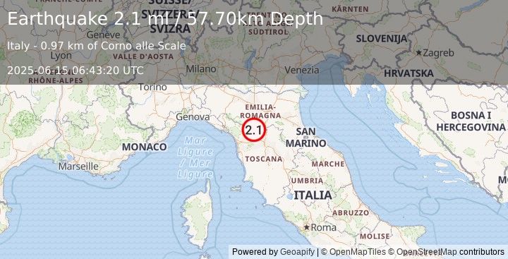 Earthquake NORTHERN ITALY (2.1 ml) (2025-06-15 06:43:20 UTC)